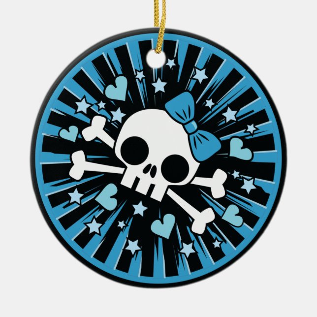 Cute Skull och Crossbone Light Blue Julgransprydnad Keramik (Framsidan)