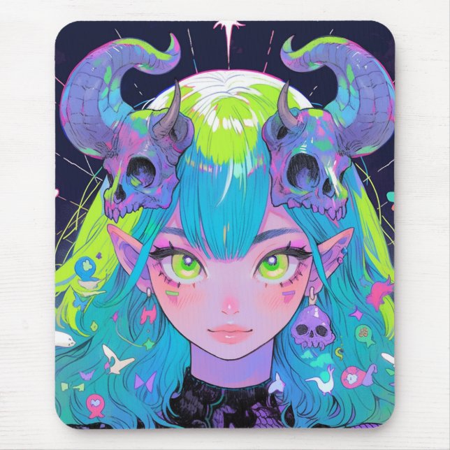 Cute Skull och Horns Punk Sten Anime Girl Musmatta (Framsidan)