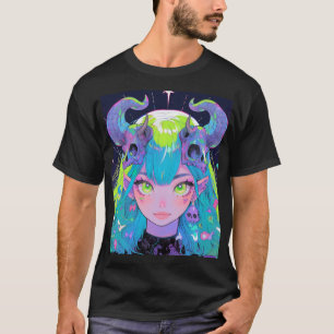 Cute Skull och Horns Punk Sten Anime Girl T Shirt