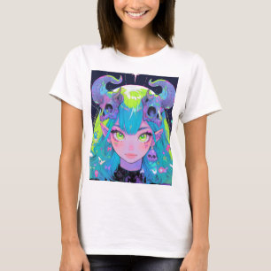 Cute Skull och Horns Punk Sten Anime Girl T Shirt