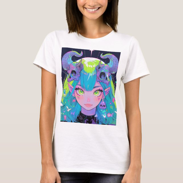 Cute Skull och Horns Punk Sten Anime Girl T Shirt (Framsida)