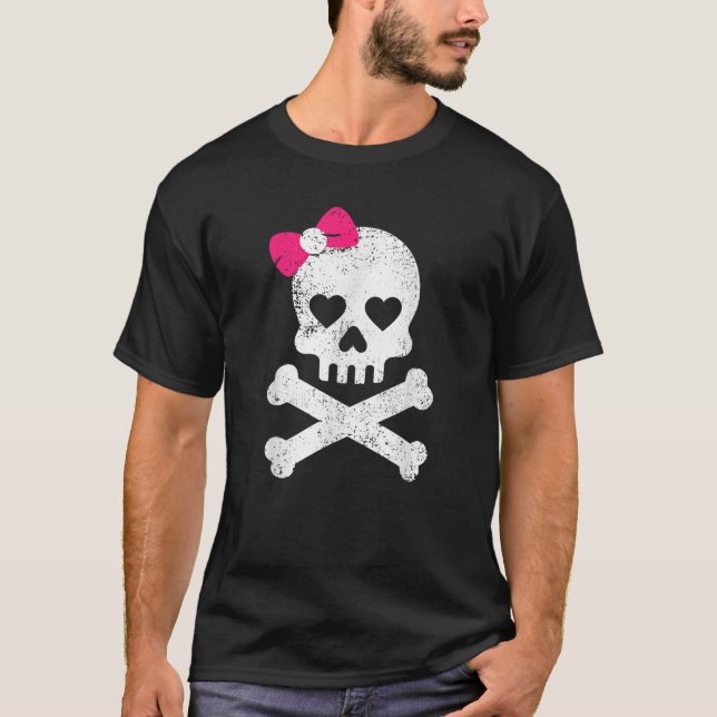 Cute Skull Rosa Bow Women Girls Adsible Kawa T Shirt (Framsida)