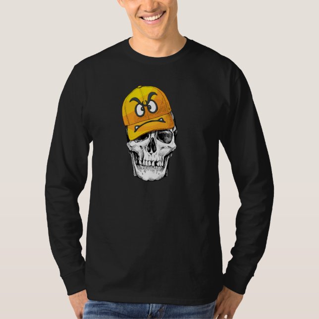 Cute Skull Wears Gult Cap Graphic Pu- för Arg T Shirt (Framsida)