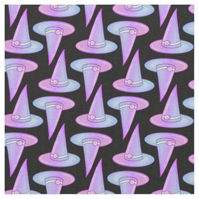 Cute Skull Witch Hat Lila Blue Teckning Mönster Tyg (Närbild)