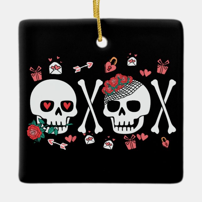 Cute Skully Valloween Valentine XOXO Julgransprydnad Keramik (Framsida)