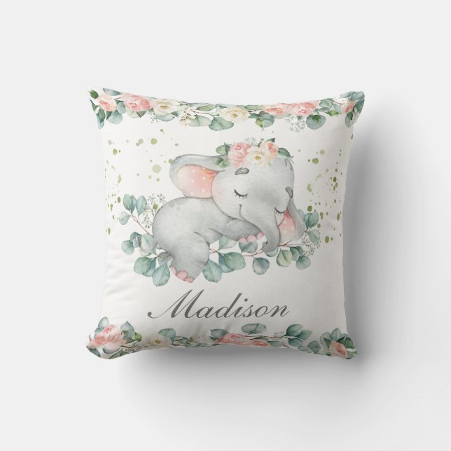 Cute Sleeping Baby Elephant Rosa Blommigt Greenery Kudde (Framsida)