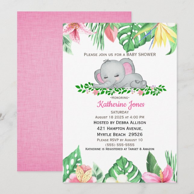 Cute Sleeping Baby Elephant Tropical Flowers Inbjudningar (Fram/baksida)