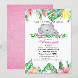 Cute Sleeping Baby Elephant Tropical Flowers Inbjudningar