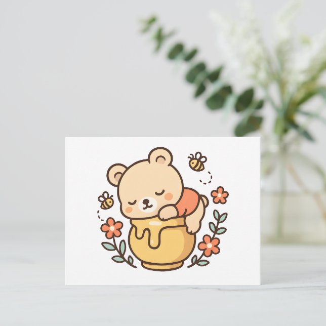 Cute Sleeping Bear Honey Pot Kawaii Design Vykort (Stående Fram)