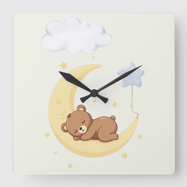 Cute  Sleeping Bear Nursery Wall Clock Fyrkantig Klocka (Framsida)