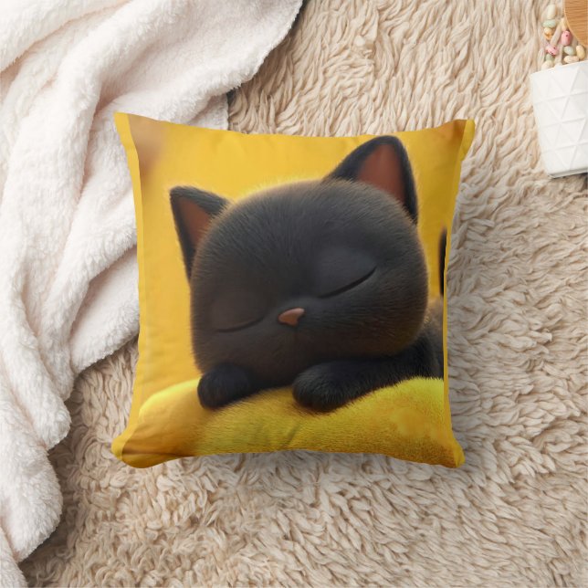 Cute Sleeping Black Cat Pillow Cozy Pet Lover Gift Kudde (Filt)