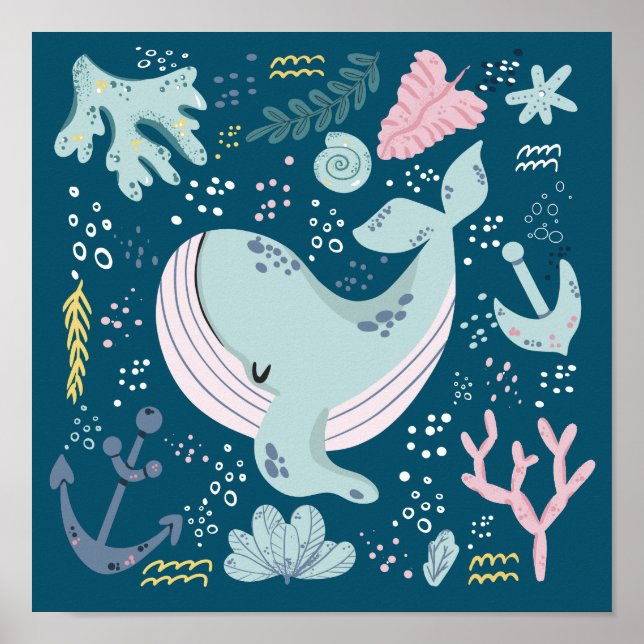 Cute Sleeping Blue Whale Underwater Doodle Poster (Framsidan)