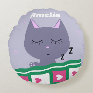 Cute Sleeping Cat in Bed Personlig Rund Kudde