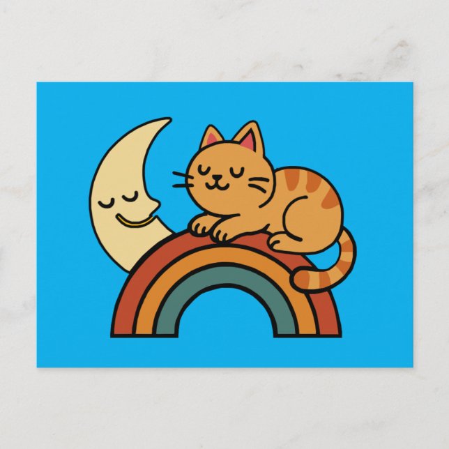 Cute Sleeping Cat on Rainbow with Måne Vykort (Framsida)