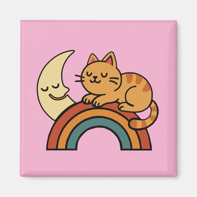 Cute Sleeping Cat on Rainbow with Moon – Funny Cat Magnet (Framsidan)