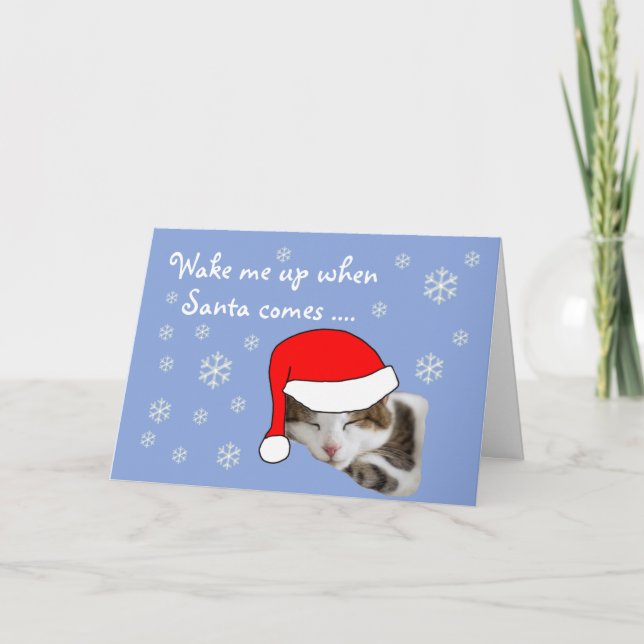 Cute Sleeping Cat Santa Hat Snowy-jul Helgkort (Framsida)