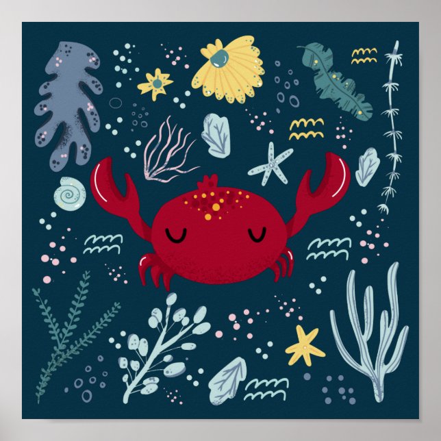Cute Sleeping Crab Underwater Doodle Poster (Framsidan)