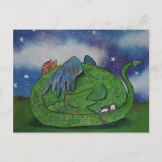 Cute Sleeping Dragon and Cats Vykort