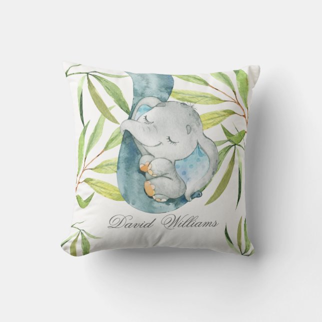 Cute Sleeping Elephant Boy Nursery Personlig Kudde (Framsida)