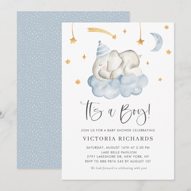 Cute Sleeping Elephant Det är en pojkvän-babyskor Inbjudningar (Fram/baksida)