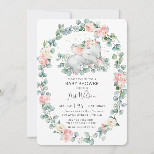 Cute Sleeping Elephant Greenery Baby Shower Girl Inbjudningar (Framsida)