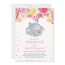 Cute Sleeping Elephant Rosa Blommigt Baby Shower