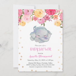 Cute Sleeping Elephant Rosa Blommigt Baby Shower Inbjudningar