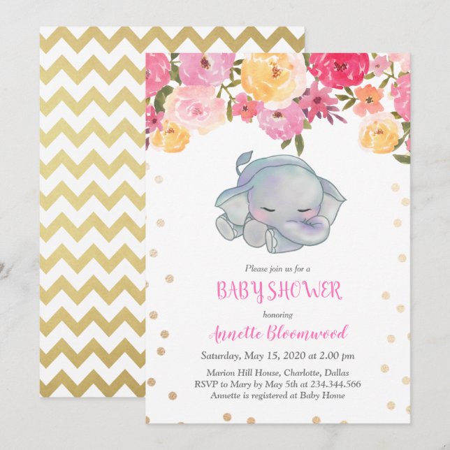Cute Sleeping Elephant Rosa Blommigt Baby Shower Inbjudningar (Fram/baksida)