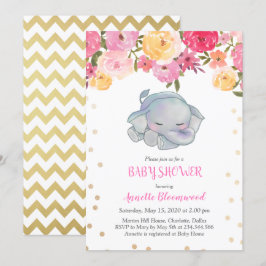 Cute Sleeping Elephant Rosa Blommigt Baby Shower Inbjudningar