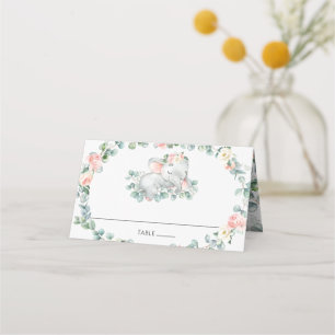 Cute Sleeping Elephant Rosa Blommigt Baby Shower Placeringskort