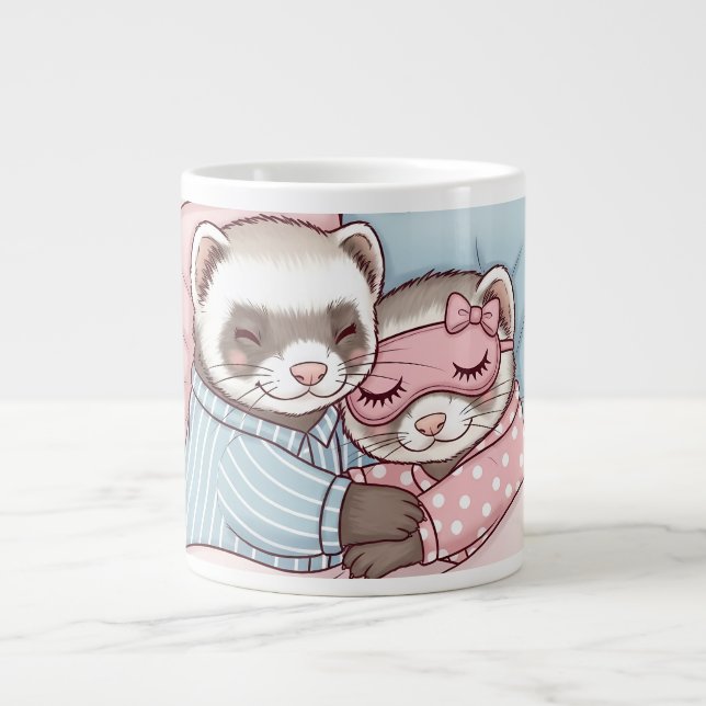 Cute Sleeping Ferret Couple in Pajamas Love Mug Jumbo Mugg (Framsidan)