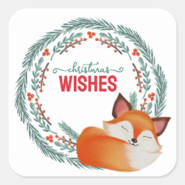 Cute Sleeping Fox Christmas Fyrkantigt Klistermärke