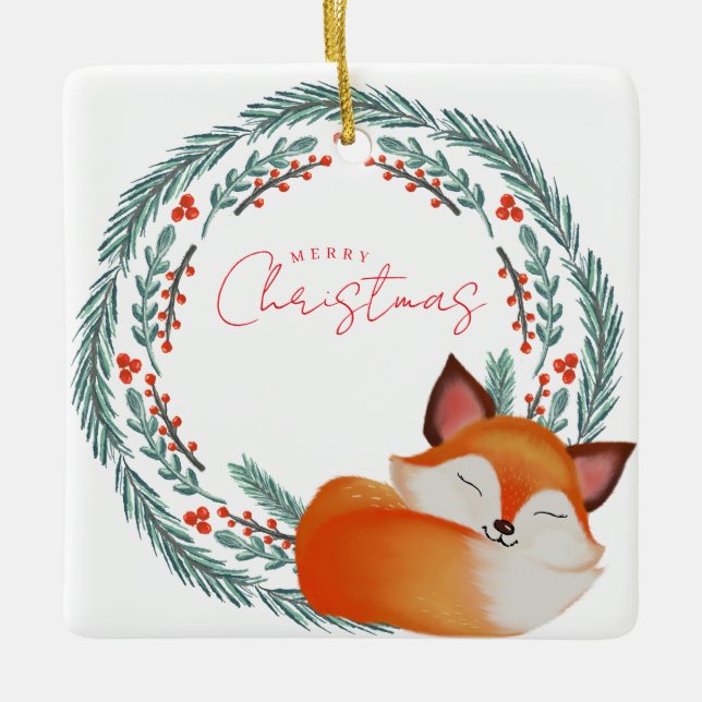 Cute Sleeping Fox Christmas Julgransprydnad Keramik (Framsida)