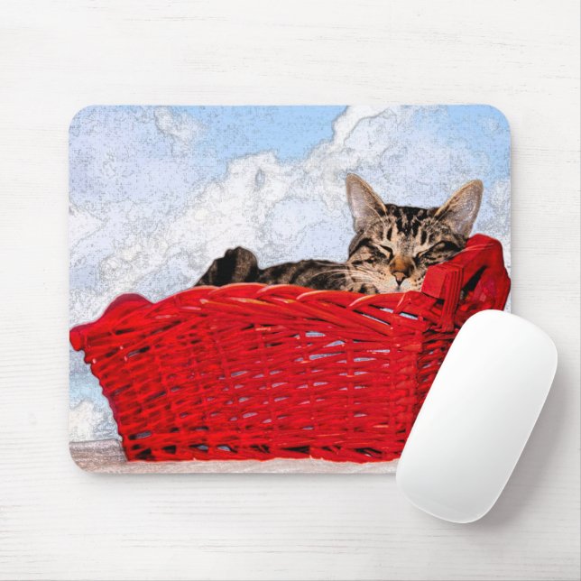Cute Sleeping Kitten i Bright Red Basket Photo Musmatta (Med mus)