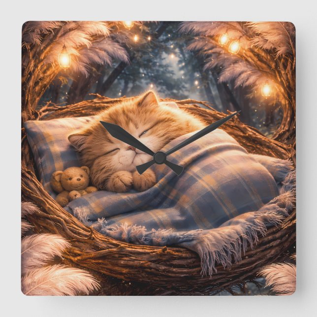 Cute Sleeping Kitten Nursery Wall Art Decor Fyrkantig Klocka (Framsida)