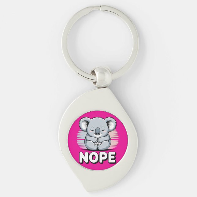 Cute Sleeping Koala “Nope” Funny Cartoon Swirl Silverfärgad Nyckelring (Framsidan)