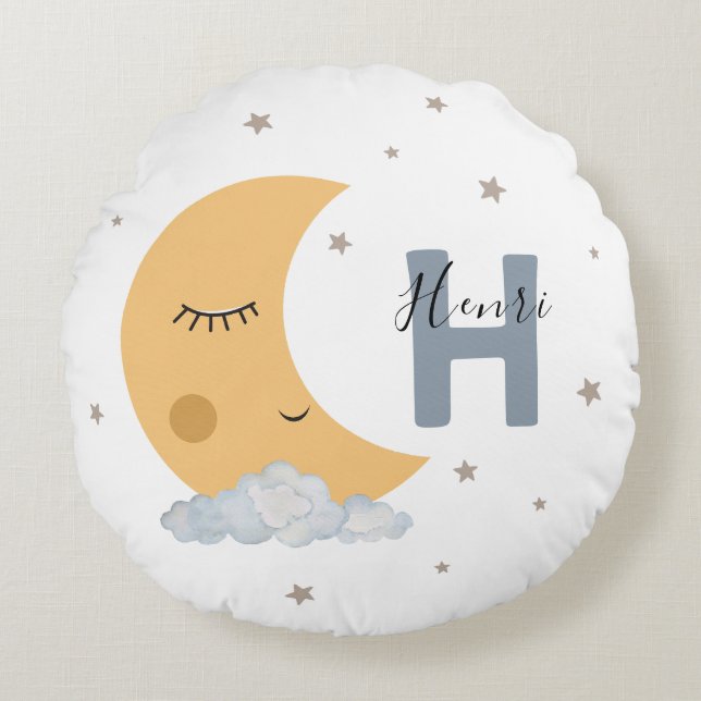 Cute Sleeping Moon Baby Room Pillow Name Initial Rund Kudde (Framsidan)