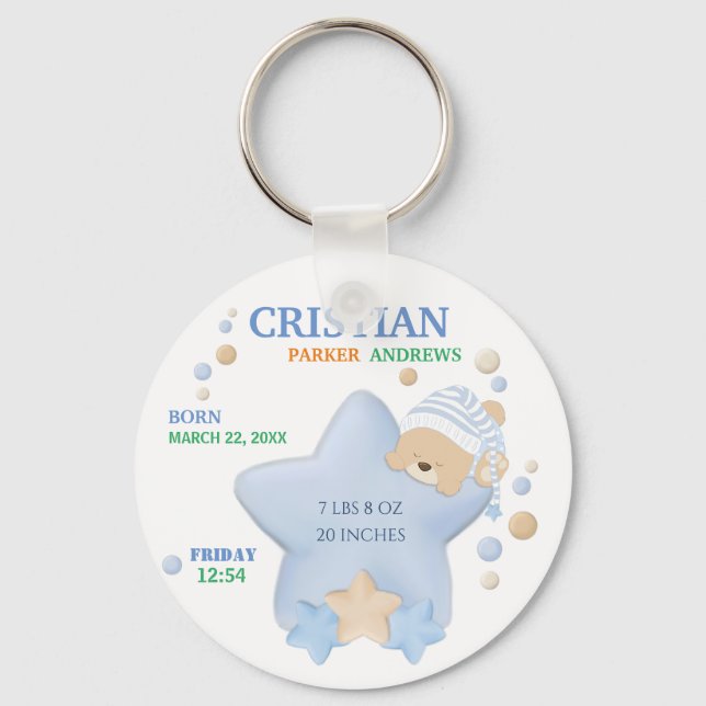 Cute Sleeping Nalle Birth Stats Keyc Nyckelring (Framsida)