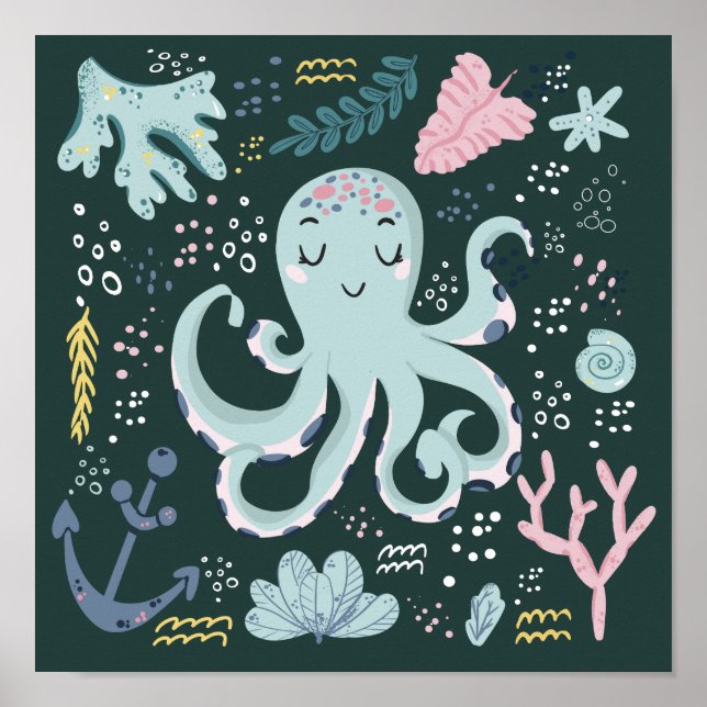 Cute Sleeping Octopus Underwater Doodle Poster (Framsidan)
