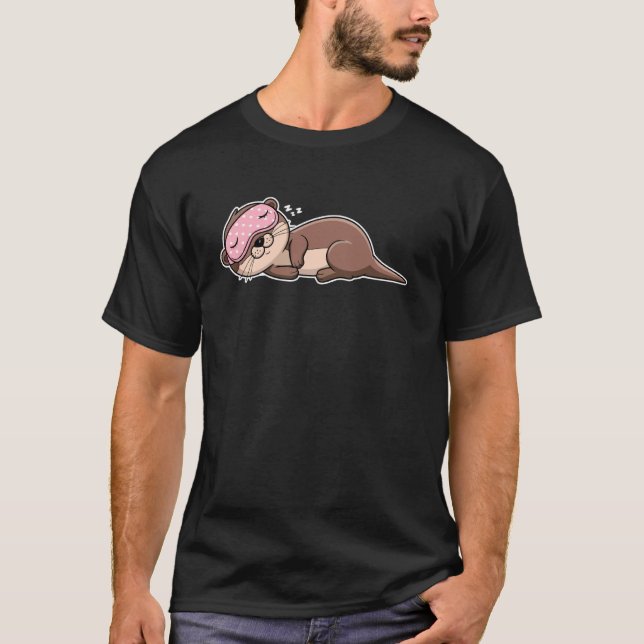 Cute Sleeping Otter with Pink Eye Mask Cartoon Des T Shirt (Framsida)