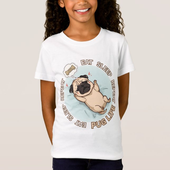 Cute Sleeping Pug Girls Shirt | Eat Sleep Repeat  T (Framsida)
