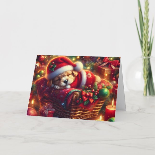 Cute Sleeping Puppy in Santa Hat Helgkort (Framsida)