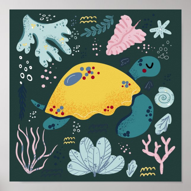 Cute Sleeping Turtle Underwater Doodle Poster (Framsidan)