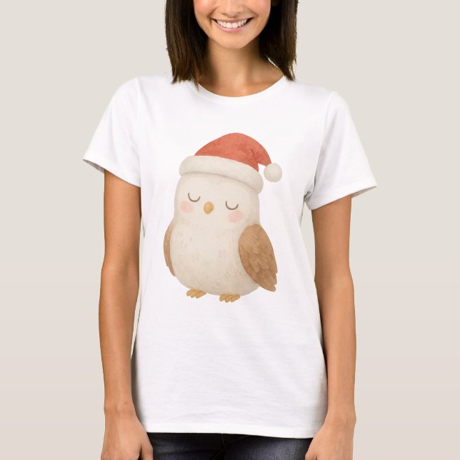 Cute Sleeping Uggla i Santa Hat Mysigt jul T Shirt (Framsida)