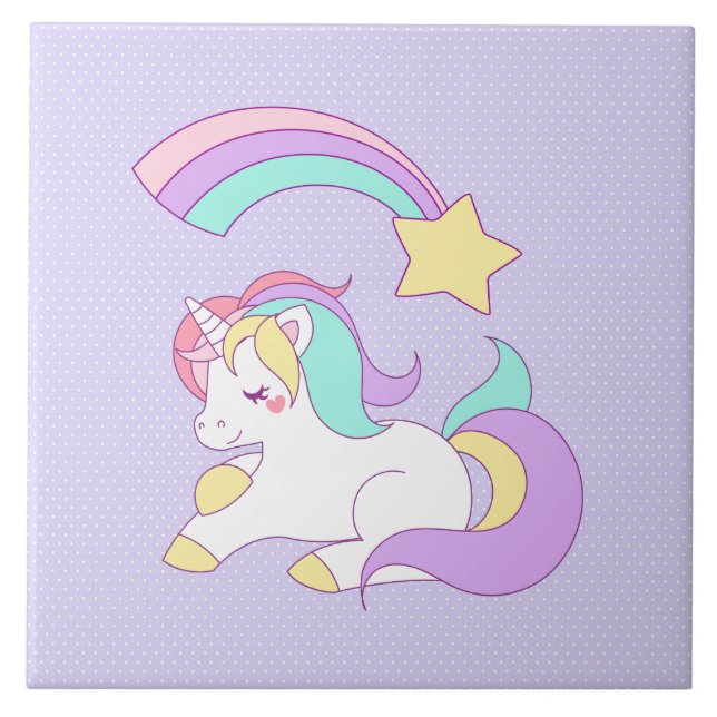 Cute Sleeping Unicorn med färgstark stöttstjärna Kakelplatta (Framsidan)