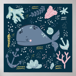 Cute Sleeping Whval Underwater Doodle Poster