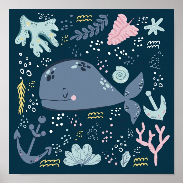 Cute Sleeping Whval Underwater Doodle Poster (Framsidan)