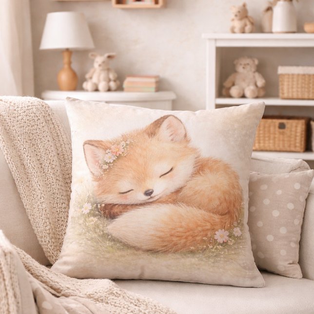 Cute Sleeping Woodland  Baby Fox Neutral Kids Room Kudde (Skapare uppladdad)