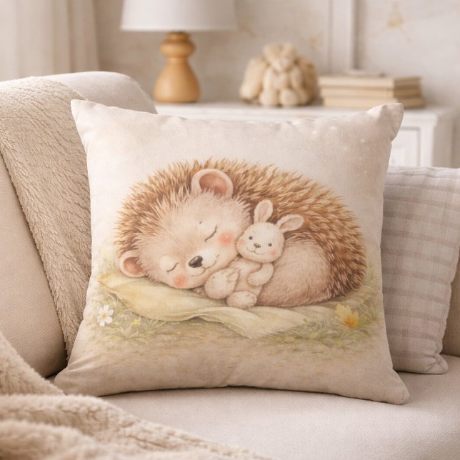 Cute Sleeping Woodland Hedgehog Neutral Kids Room Kudde (Skapare uppladdad)
