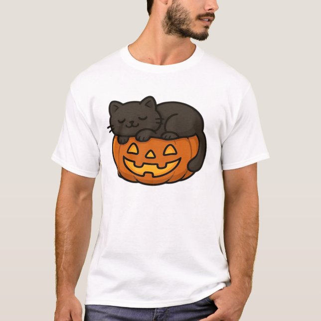 Cute Sleepy Black Cat on a Pumpkin Halloween Essen T Shirt (Framsida)